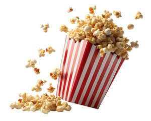 box of popcorn, popcorn flying out of the box, isolated on transparent background, AI generated