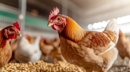 Chickens pecking at feed in a large barn