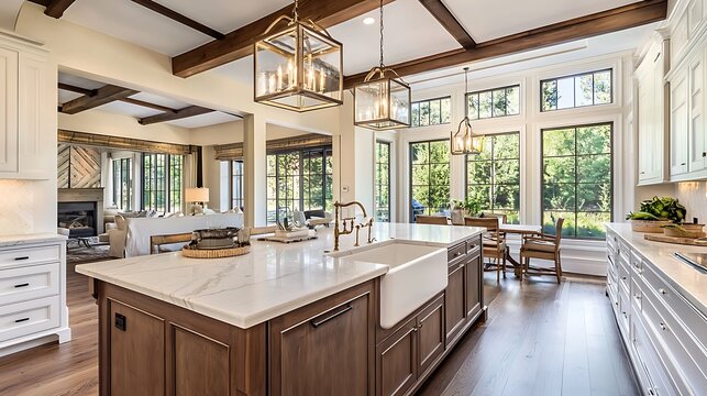 Traditional kitchen in beautiful new luxury home with hardwood floors, wood beams, and large island quartz counters. Includes farmhouse sink, elegant pendant lights, and large windows