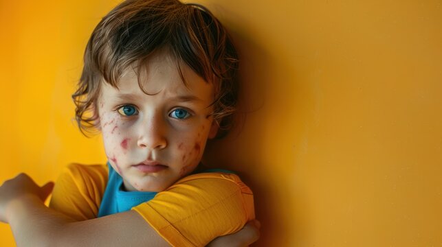 A child with a bruised face, holding their arm protectively