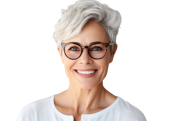 Close-up portrait of middle-aged woman with warm smile isolated on white background.