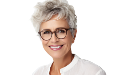 Close-up portrait of middle-aged woman with warm smile isolated on white background.