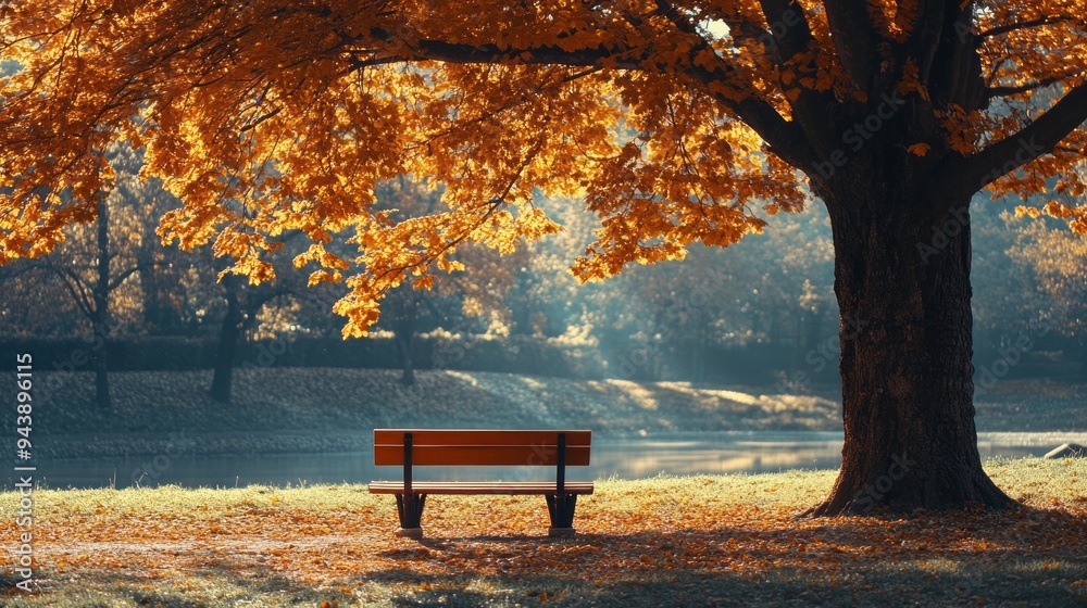 Poster a bench is sitting under a tree with leaves on the ground
