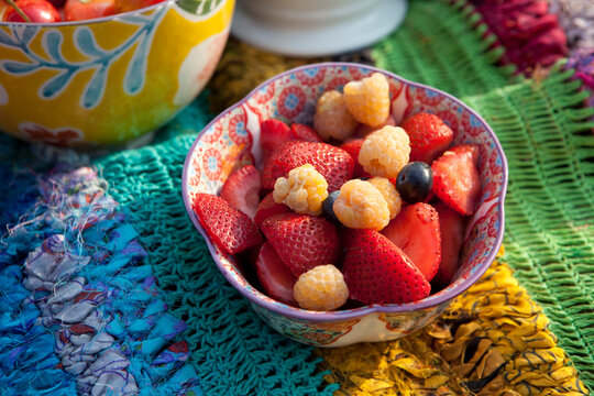 Bowl of Fruit on Picnic Blanket