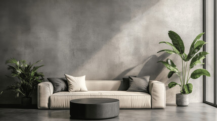 Loft Minimalist Living Room with Grunge Concrete Wall