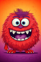 Naklejka premium A red, furry monster with a big smile, large eyes and sharp teeth, standing on a purple and orange background.