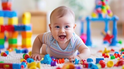 American baby playing with colorful toys, showing curiosity and joy