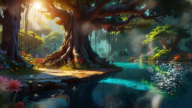 a Beautiful digital painting of flowing water with willow trees and beautiful flowers. Seamless looping 4k video animation