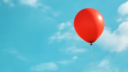 A lone red balloon soars against a vibrant blue sky dotted with fluffy white clouds, a symbol of freedom and joy.