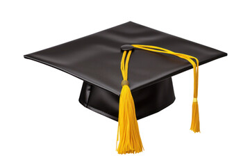 Classic black square top graduation cap with yellow tassels, isolated on white background.