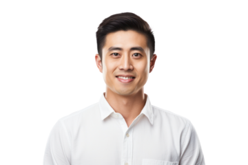 Cheerful, handsome, positive Chinese man with a genuine smile, isolated on a white background.