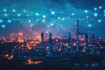 Obraz premium A city skyline with many buildings and a network of lights