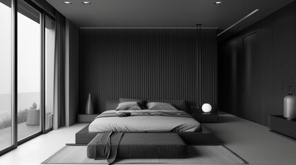 Modern minimalist bedroom with gray tones. Features stylish decor, large windows, and sleek furniture. Perfect for contemporary living.