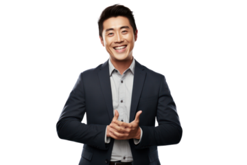 Cheerful, handsome, positive Chinese man with a genuine smile, isolated on a white background.