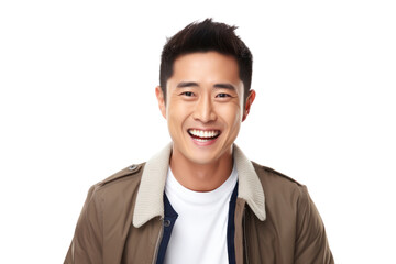 Cheerful, handsome, positive Chinese man with a genuine smile, isolated on a white background.