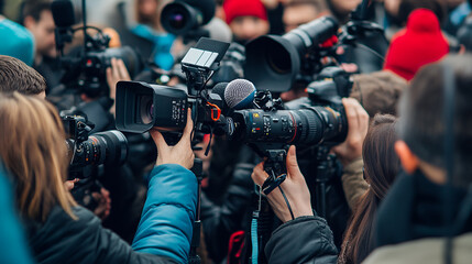 concepto de periodismo y medios de comunicacion grupo de reporteros con camaras y microfonos grabadoras para las noticias