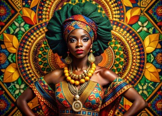 Fototapeta premium Afrocentric Opulence: Vibrant colors, geometric patterns, luxurious fabrics, opulent accessories, empowering poses.