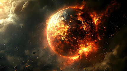 Fiery Planet Exploding in Space with Debris and Smoke.