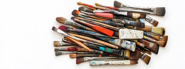 A collection of old paintbrushes on a white background, viewed from above. A creative and artistic concept featuring numerous colorful artist's brushes