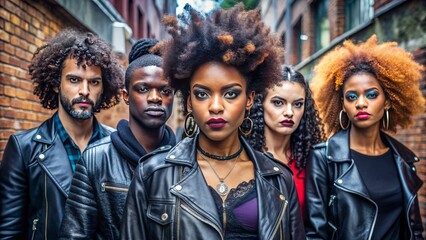Afro-Punk Revolution: Edgy hairstyles, bold makeup, leather jackets, rebellious attitudes, defiant spirit, urban setting.