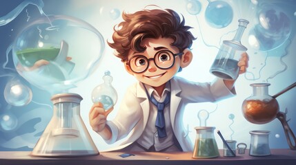 Illustration of a child chemist doing research, wearing a lab coat and carrying a conical flask.