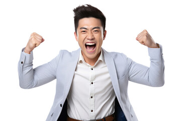 Cheerful handsome Chinese man celebrating personal victory, isolated on white background.