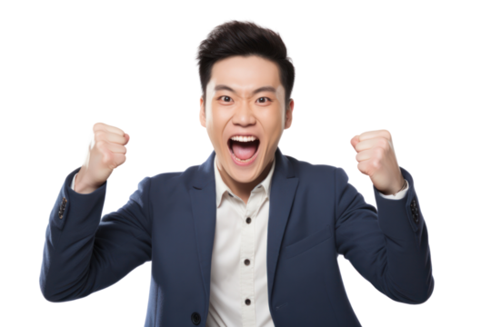 Cheerful handsome Chinese man celebrating personal victory, isolated on white background.