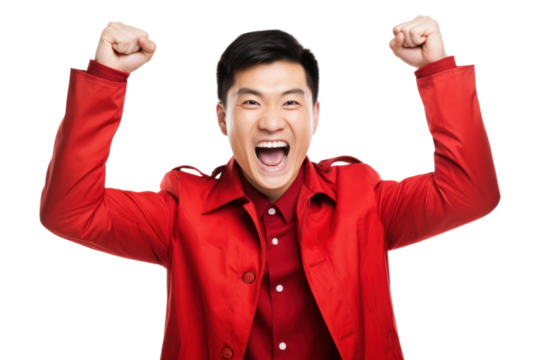 Cheerful handsome Chinese man celebrating personal victory, isolated on white background.