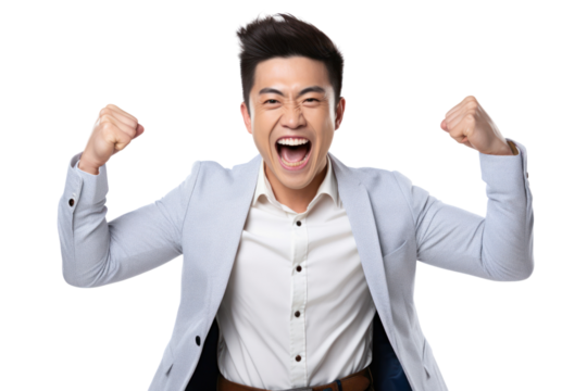 Cheerful handsome Chinese man celebrating personal victory, isolated on white background.