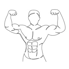 One continuous single drawing line art doodle design, male, fitness, athlete, muscle, bodybuilding. Isolated image hand draw contour on a white background
