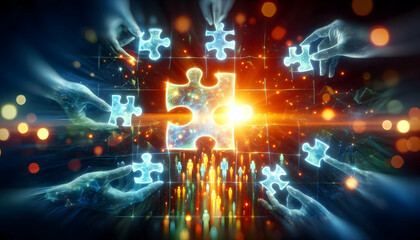 Glowing abstract puzzle pieces forming a complete picture concept as A dynamic shot of glowing abstract puzzle pieces coming together to form a complete picture symbolizing problem solving and operati