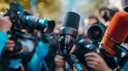 concepto de periodismo reporteros con camaras y microfonos esperando capturar la noticia