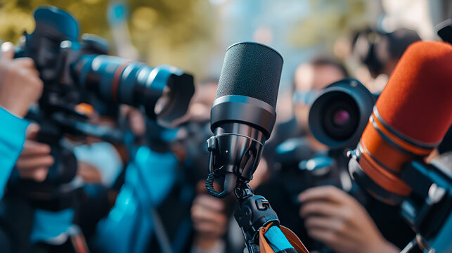 concepto de periodismo reporteros con camaras y microfonos esperando capturar la noticia