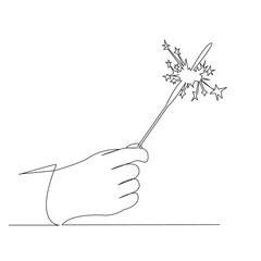 One continuous single drawn line art doodle line, sparkler, firework, hand, celebration, fire. isolated image hand-drawn contour on a white background