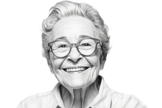 Black and white photo of an elderly woman smiling, isolated on a white background.