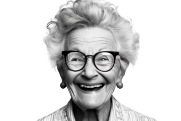 Black and white photo of an elderly woman smiling, isolated on a white background.