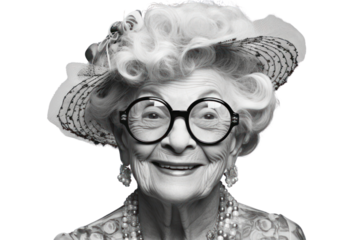 Black and white photo of an elderly woman smiling, isolated on a white background.