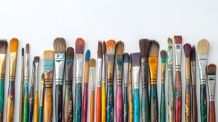 A collection of old paintbrushes on a white background, viewed from above. A creative and artistic concept featuring numerous colorful artist's brushes