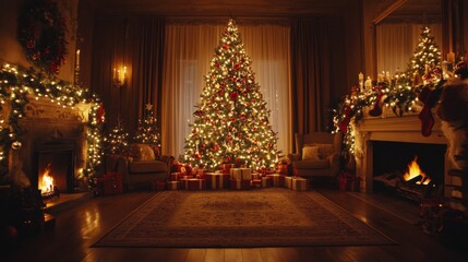 Fototapeta premium Cozy living room decorated for Christmas with a beautifully lit tree and gifts in the evening