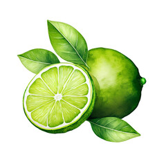 Fresh juicy lime illustration with green leaves transparent background