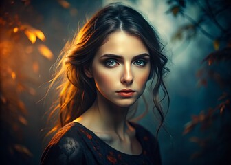 Atmospheric Portrait: Ethereal lighting, moody colors, dramatic shadows, expressive gaze, atmospheric depth