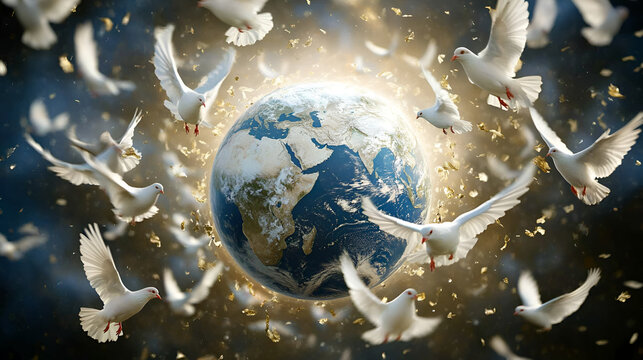 palomas blancas volando alrededor del mundo del planeta tierra simbolizando la libertad y la paz esperanza y espiritualidad