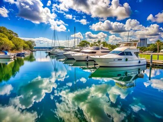 Azure Haven: Serene marina with azure sky and water, sleek boats, crisp lines