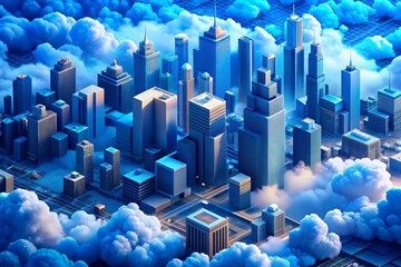 Fototapeta premium Azure Serenity: Blue-hued, tranquil isometric cityscapes with AI-generated clouds