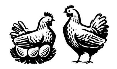 Hen with eggs in nest and chicken bird for poultry farm industry. Hand drawn black and white emblem vector illustration