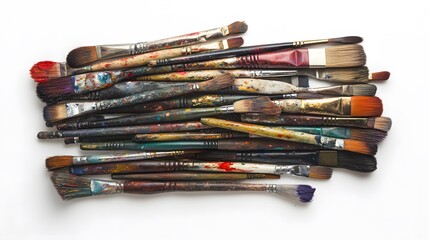 Obraz premium A collection of old paintbrushes on a white background, viewed from above. A creative and artistic concept featuring numerous colorful artist's brushes