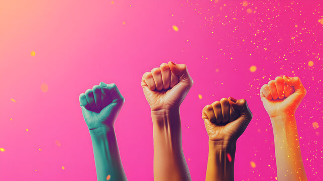 mujeres luchando y exigiendo sus derechos de justicia pu&ntilde;o levantado en se&ntilde;al de protesta movimiento feminista union y equipo no a la violencia contra la mujer