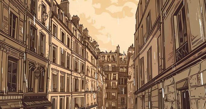 urban design architecture buildings music video, black and white rainy day eourpe, classical retro vintage background artistic panorama 2d cartoon animation , panorama wide shot sepia colors artistic