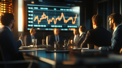 A business group meeting discussing stock market trends with graph in futurist concept