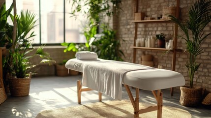 Massage room with table near potted plant